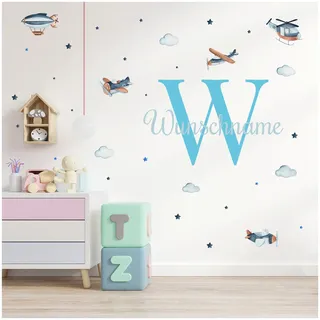 Wandsticker personalisiert Sticker Aquarell Tiere mit Name Wandtattoo für Kinderzimmer Babyzimmer Spielzimmer Mädchen Junge Y037 (Nr. 2 Flugzeuge, Mit Wunschname)