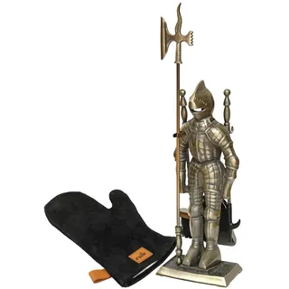 raik Kaminbesteck Set Ritter Kunibert 4-teilig inkl. Rindsleder Ofenhandschuh schwarz Kamingarnitur Gusseisen antike Messing-Optik für Reinigung und Bedienung von Kaminen Öfen Feuerstellen Holzöfen