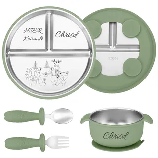 Personalisierter Babyteller mit Saugnapf, Edelstahl Teller Baby mit Namen | Beikost Baby Zubehör Personalisierte Geburtstags und Taufgeschenke (Dunkelgrün)