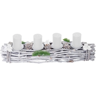 Adventskranz-AM länglich, Weihnachtsdeko Adventsgesteck, Holz 60x16x9cm weiß-grau - mit Kerzen, weiß