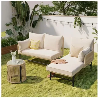 Merax Gartenlounge-Set für 4 Personen, mit Stahlrahmen und Tisch, (3-tlg), Gartenmöbel set Polytattan und Seil Geflecht, Rope Lounge Möbel beige