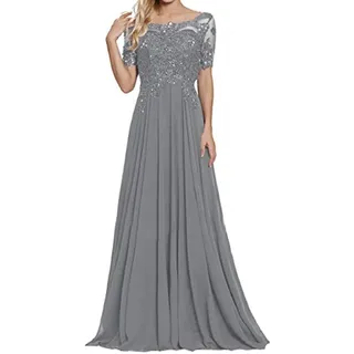 yhfshop Hochzeit Ballkleider,Schulter-Kurzarm-Partykleid mit Spitzenapplikationen-grau_48,Damen Abendkleid Frau Brautjungfernkleid