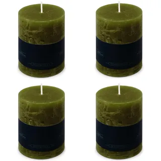 Stumpenkerzen Rustic 4er-Set - 7x9,5 cm - Brenndauer: 35 Std., rußfrei, 100% Paraffin - für Kerzenständer, Kerzenhalter, Weihnachten, Hochzeit, Blockkerze, Kerze, Adventskranz, Advent (olive grün)