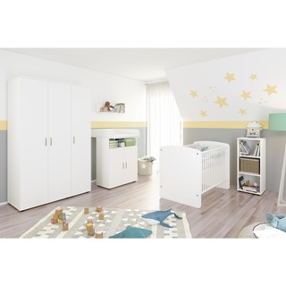 nonjoo. Babyzimmer Lunis Set 8: best. aus Babybett, Kommode, Wickelaufsatz, Wandboard, Regal mit 3 Fächern und Kleiderschrank 3-trg.