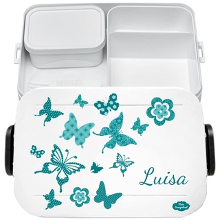 Mein Zwergenland Lunchbox Schmetterlinge 1,5l, Take a Break Large Bento Brotdose mit Fächern mit Motiv personalisiert mit Name, Essensbox mit Unterteilung in Weiß