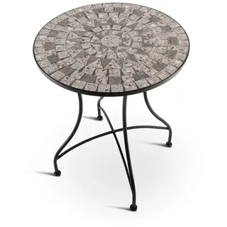 Raburg Gartentisch Mosaiktisch, Balkon- und Terrassentisch, 60 cm Ø, 72 cm hoch, Mayla (rund), liebevolle Handarbeit, Mosaikmuster, schwarzes Metallgestell grau