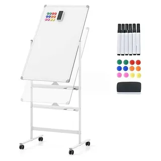 Doppelseitiges mobiles Whiteboard, 60 x 90 cm, magnetisches Whiteboard höhenverstellbar mit Rollen & Ständer, mit Stiftablage, inkl. Zubehör