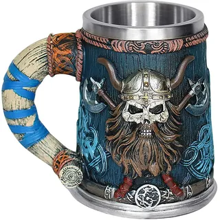 OTARTUDE Valhalla Wikinger-Becher aus Edelstahl, mit einem Griff, Motiv: Horn, Totenkopf, nordischer Wikinger, Krieger, Totenkopf, Tasse, 550 ml, für Halloween