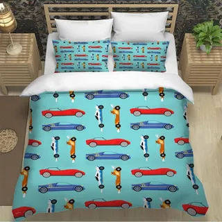 XPINGO Kinder Bettwäsche Cartoon Auto 135x200 cm 2teilig Jungen und Mädchen 100% Mikrofaser Sommer Weiche Winter Warm Bettbezüge 3D Rennauto Bettbezug mit Kissenbezüge 80x80 cm