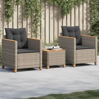 ZEYUAN 3-TLG. Bistro-Set mit Kissen Grau Poly Rattan Akazienholz, Gartenset Tisch Und Stühle, Balkon Möbel Für Kleinen Balkon, Terrassenmöbel, Balkonset, Balkonmöbel, Möbelsets - 366314