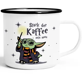 MoonWorks® Emaille-Tasse Baby-Yoda Spruch lustig Stark der Kaffee sein muss Geschenk Kaffeeliebhaber Bürotasse Emaille-weiss-schwarz standard