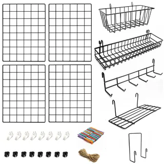 ODOXIA 4er-Pack Wandgitter mit Zubehör | Inklusive Hänge-Körbe, Brief-Sortierer, Regal & Haken-Gestell | Gitter Pinnwand | Deko für Heim, Büro & Küche zum Aufhängen | Fotowand | Wand-Display