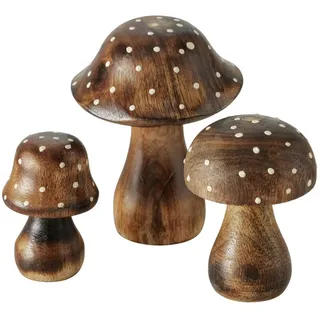 Spetebo Dekofigur Mangoholz Deko Pilze 3er Set - 10 / 8 / 7 cm (3 St), Holz Fliegenpilz Figur zur Herbst Dekoration braun