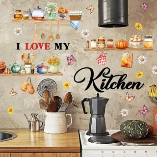 SUPERDANT Wandtattoo I Love My Kitchen Wandsticker Küchengeschirr Und Zutaten Wandaufkleber Home Aquarell Dekor Zutaten Vinyl Wandsticker Für Küche Esszimmer Kühlschrank Dekor