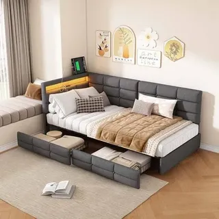Schlafsofa 90x200 cm, Einzelbett mit Schubladen, Polsterbett Daybett Tagesbett mit Lattenrost, Jugendbett Bettgestell Multifunktionales, Leinen