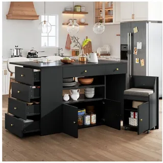 STILVORA Küchenwagen Küchenschrank mit arbeitsplatte Anrichte küche mit Schubladen&Hockern, (Kücheninsel– mit 6 Schubladen, 1 St., 140*40(70)*89cm) schwarz