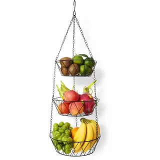 Home Bay Fruit Hub Hängender Obstkorb für die Küche, 3-stöckige abnehmbare Draht-Etagere, Obst- und Gemüseaufbewahrung, Wandmontage, Schwarz, Rund, unabhängig nutzbar