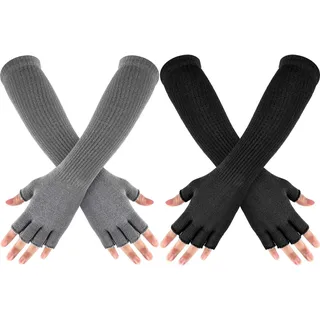 Lange Thermo Fingerlose Handschuhe 2 Paar Winter Strick Halbfinger Unisex