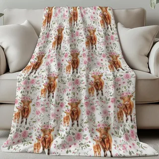 GLOBLELAND Geschenk Decke 150x130CM Hochlandrind Rosen Mama/Papa Geschenk Geburtstagsgeschenk Geschenke für Frauen Männer Blumen Wohn-Decke Flanell Kuscheldecke