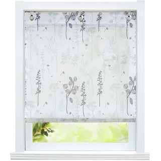 ESLIR Raffrollo ohne Bohren Raffgardine mit Ösen Halbtransparent Gardinen mit U-Haken Ösenrollo Laternenblume Muster Grau BxH 100x140cm 1 Stück