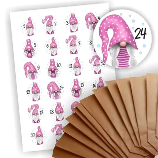 Adventskalender zum Befüllen 24 braune Geschenktüten Kraftpapiertüten + 24 weihnachtliche Aufkleber Papiertüte DIY Wichtel rosa Mütze