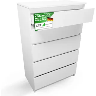 CDF Kommode Weiß mit 5 Schubladen 109 cm Hoch Sideboard Schmale Komode Schlafzimmerkommode für Flur Büro Schlafzimmer Wohnzimmer Schubladenschrank Regal mit Schubladen Schrank Modernes Möbelstück