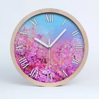 Tulup Holzuhr Uhr Holz ⌀ 25cm Dekoration Wanduhr Modern Runde Stille Uhren Weiße Uhrzeiger - Kirschblüten
