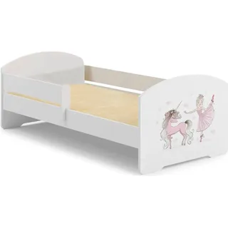 Kinderbett Dorian, Kinderbett für Schlafzimmer, Einzelbett mit Kommoden, Struktur mit ausziehbarem Bett, 85x164 h63 cm, Weiß mit Einhorn - Weiß