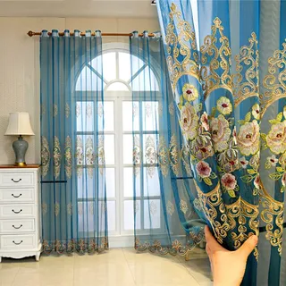 Lsimeru Blumen Vorhang Transparent mit Ösen Blau Stickerei Vintage Barock Luxus 2 Stücke Ösenvorhang Gardinen Durchsichtig Dekoschal Wohnzimmer Schlafzimmer,140x175