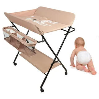 Homewell Baby Wickelkombi Wickelkommode, Mobile Wickeltisch Klappbar, mit Wickelauflage, Sicherheitsgurt, Ablagefächern, süßem Muster und Höhenangabe, Stabil und Bequem (Rosa-Licht)