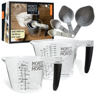 Moritz & Moritz Messbecher Set 1 L und 500 ml mit Cups und Löffeln | Zwei Bechergrößen für große wie kleine Mengen, Innenskala von oben ablesbar, Cup-Skala, ineinander stapelbar