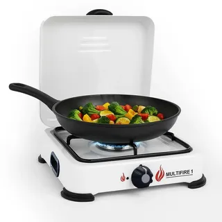 Tragbares Gaskochfeld, 1 Flamme, 1500 W, Gaskocher, Butan- oder Propangaskocher, weiß lackiert, Deckel
