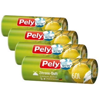 Pely Zugband Müllbeutel mit Zitronen Duft - klimaneutralisiert durch Kompensation, Vorteilspack (4 x 10 Stück), gelb, für die Entsorgung von Restabfall (60 Liter) mit angenehmen Duft