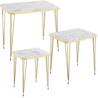 DRW Set mit 3 Beistelltischen aus Holz und Metall in Gold und Weiß, Marmor-Effekt, 60 x 37 x 53, 45 x 37 x 49 und 37 x 29 x 45 cm, 60x37x53, 45x37x49 y 37x29x45cm
