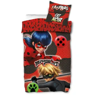 BERONAGE Kinderbettwäsche Miraculous Ladybug Duo Bettwäsche Linon / Renforcé, 100% Baumwolle, 2 teilig, 135x200 + 80x80 cm rot|schwarz