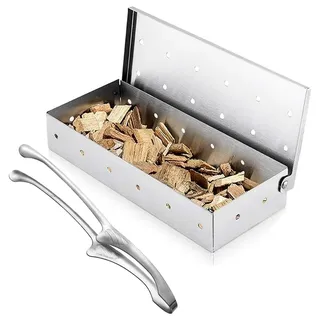 TINMIX Edelstahl-Räucherbox zum Grillen von Holzspänen mit Lebensmittelzange Perforierte Rauchkammer Grillzubehör für Holzkohlegrill/Gasgrill BBQ