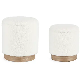 Pouf Zoya 2er-Set aus Teddy-Stoff, modern, Weiß, mit Stauraum und Eschenholz-Details