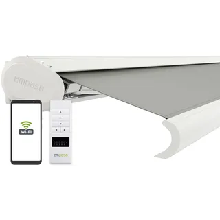 empasa elektrische Vollkassettenmarkise Profi Plus mit WiFi-Motor Smart Home kompatibel Terrassenüberdachung Markise Kassettenmarkise, weiße Kassette, Größe:4 x 3 m, Farbe:hellgrau