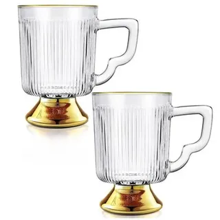 Kaffeegläser 2er-Set 350ml Goldrand geriffelt mit Henkel