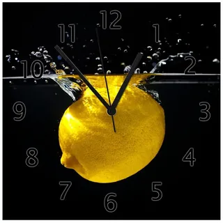Wallario Wanduhr Zitrone im Wasser - Frisches Obst für die Küche (Glasuhr) gelb 30 cm x 30 cm
