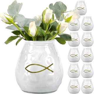 12x Glasvase als Deko für Kommunion Taufe Konfirmation Firmung Tischvasen Set Vase mit Fisch Tischdekoration
