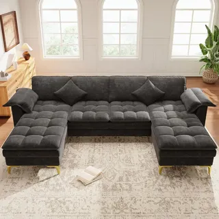 STILVORA Ecksofa 4-Sitzer in U-Form mit 2 Chaiselongues, Modulares Sofa mit Cloud-Optik und Schaumkissen, Wohnlandschaft mit goldenen Metallfüßen... - Grau