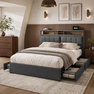 Merax Polsterbett 140x200cm mit USB C Steckdose, Doppelbett Stauraumbett mit 4 Schubladen & Lattenrost, Bettgestell mit Verstellbares Stauraum Kopfteil, Funktionsbett, Leinen, Ohne Matratze, Grau