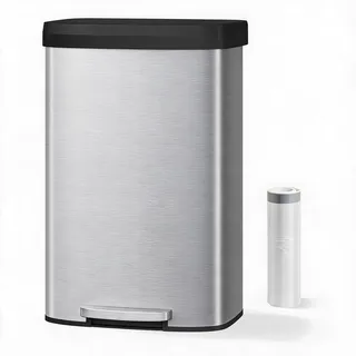 GarveeMore 80 L Edelstahl Mülleimer mit Pedal, Soft-Close Deckel | Rechteckiger Tretmülleimer mit Anti-Fingerprint Oberfläche, Klemmring und Tragegriff für die Küche, Silber