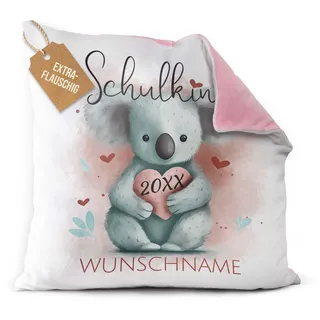 Print Royal PR Flauschiges Kissen zur Einschulung - Schulkind mit Name und Jahr personalisiert - Koala Kissen, personalisierte Geschenke zur Einschulung | Rückseite Rosa, 40 x 40 cm