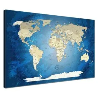 Lana-KK Weltkarte Blue Ocean, Deutsch, mit Holzrahmen, Pinnwand aus Baumwoll-Gewebe, politische Karte, 120 x 80 cm