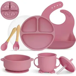Geschirrset Silikon Baby Rutschfest Saugnapf 7tlg BPAfrei Rosa