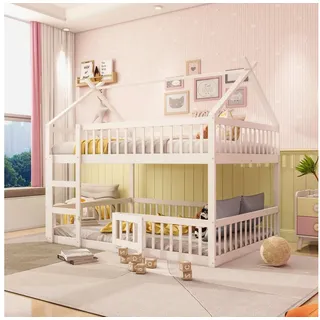 HAUSS SPOLE Etagenbett 140 x 200cm Kinderbett mit Treppe, Zaun Massivholzrahmen, Weiß (Etagenbett-Rahmen 140x200 cm), ohne Matratze weiß