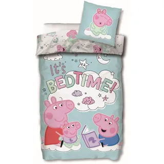 Peppa Pig Wutz Bettwäsche-Set mit Wendemotiv 'It ́s Bedtime' Peppa Schorsch Evie Bettbezug 135x200 Kissenbezug 80x80 Baumwolle
