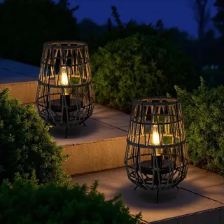 TRIROCKS Solarleuchten für den Garten, 2 Pack 30cm hohe Solarlaternen mit Olefin-Seil, wasserfeste Solar-Gartendekoration, kabellose Tischlampe für Terrasse, Rasen, Hof, Außendekoration (Schwarz)